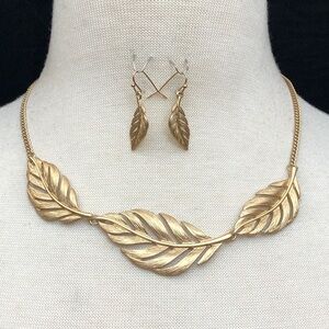 Soft Matte Gold 3 Linked Leaf Statement Metal Necklace Earrings Set